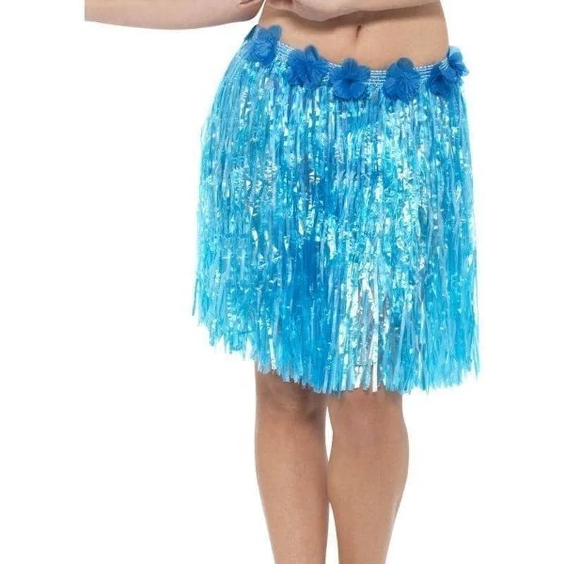 Hawaiian Hula Skirt With Flowers Adult Neon Blue chiffon skirt airy
