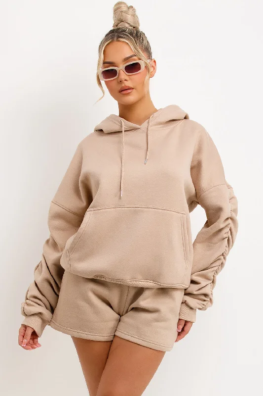 Short Tracksuit With Ruched Sleeve Hoodie Beige