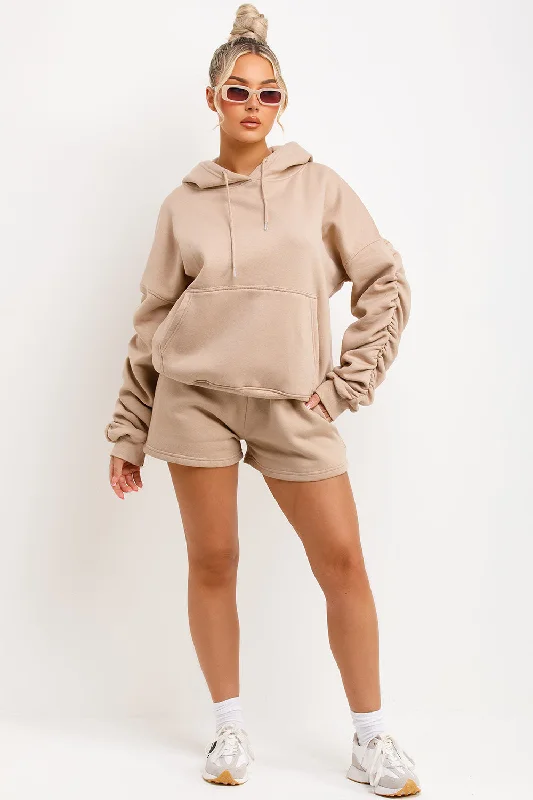 Short Tracksuit With Ruched Sleeve Hoodie Beige