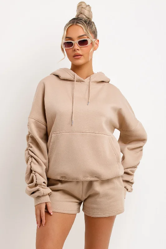 Short Tracksuit With Ruched Sleeve Hoodie Beige