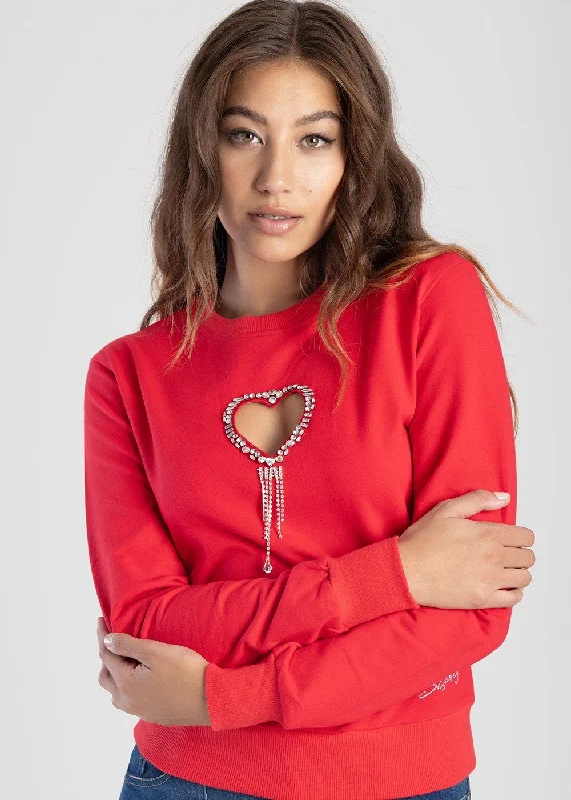 Sweat Top With Bling Heart Cut-Out - Red