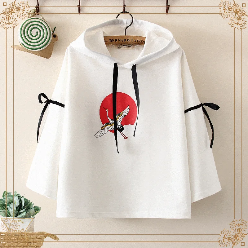 Women's Haeajuku Crane Printed Lace-up Sleeved Hoodies