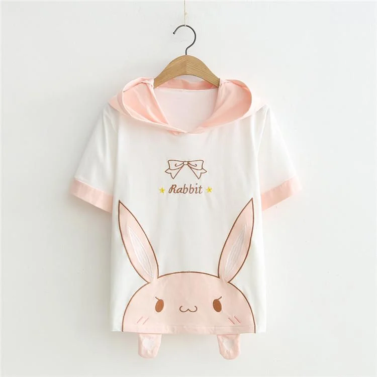 Women's Kawaii Rabbit Bownknot Printed Rabbit Ear Hooded Hoodies