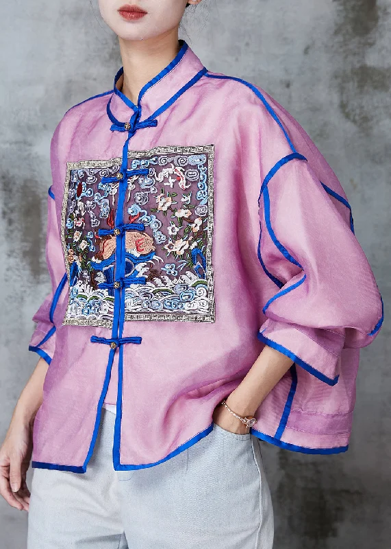 Art Purple Embroidered Chinese Button Silk Coats Spring