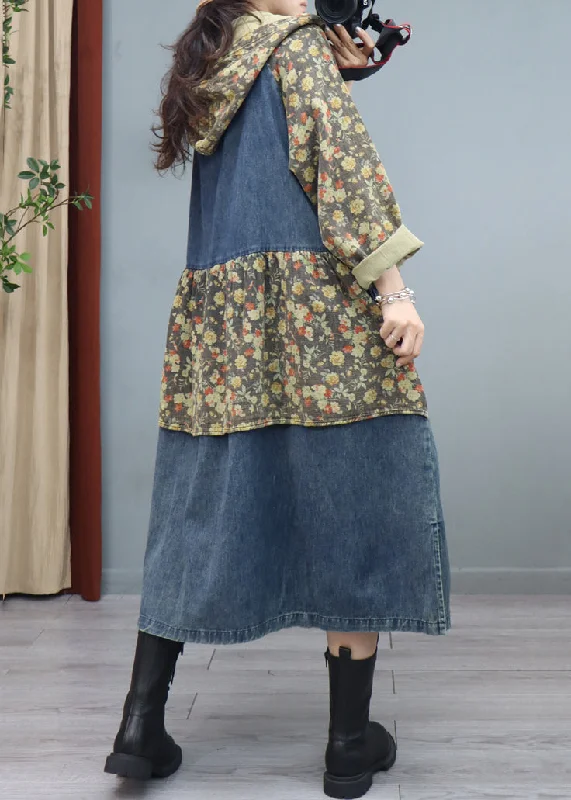 Blue Print Button Patchwork Denim Coat Asymmetrical Long Sleeve