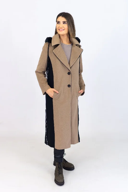 Camelot Long Camel Hooded Woven Coat With Fur Hood