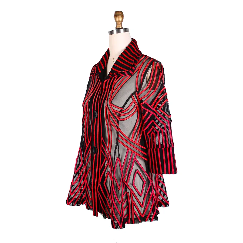 Damee Soutache Design on Mesh Button Front Jacket in Red - 2363-RD