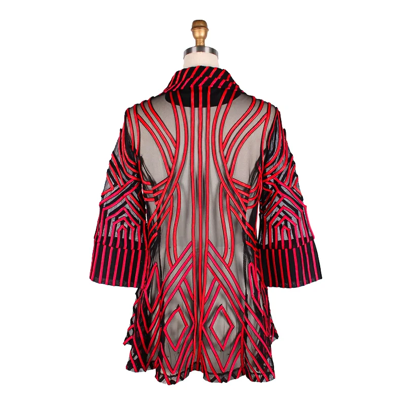 Damee Soutache Design on Mesh Button Front Jacket in Red - 2363-RD