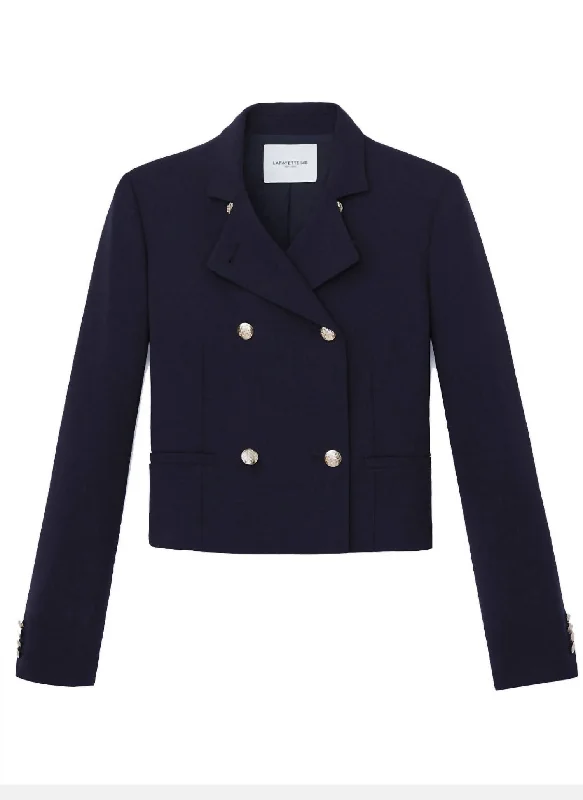 Double Face Wool Double Breasted Crop Blazer In Navy