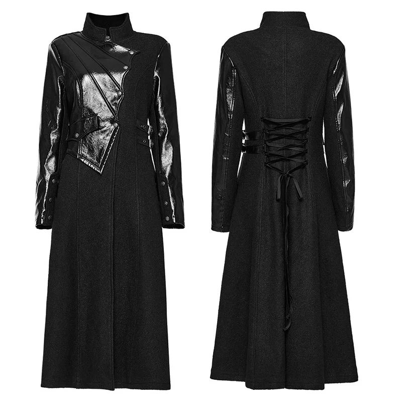 Drawstring Diagonal Pockets Creative Irregular Faux Leather Splicing Faux Leather And Woolen Fabric Gothic Thick Coat