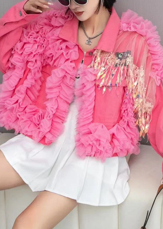 Fashion Pink Tulle Ruffled Tasseled Patchwork Denim Jackets Spring