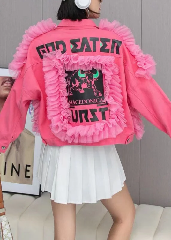 Fashion Pink Tulle Ruffled Tasseled Patchwork Denim Jackets Spring