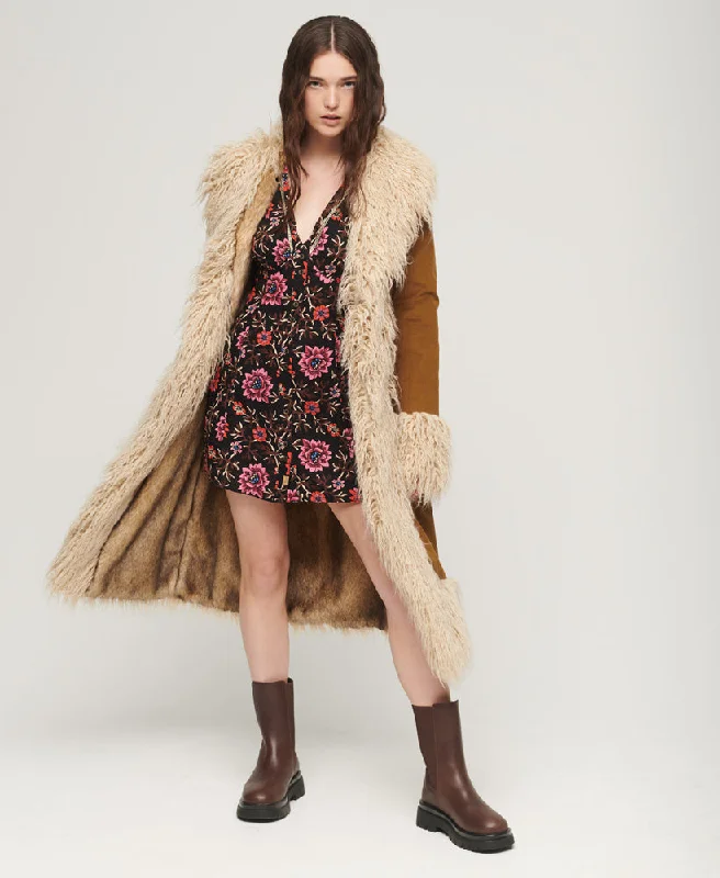 Faux Fur Lined Longline Afghan Coat | Denim Co Tobacco Brown