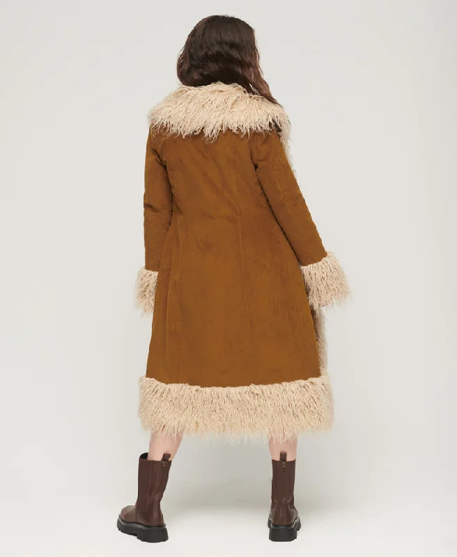 Faux Fur Lined Longline Afghan Coat | Denim Co Tobacco Brown