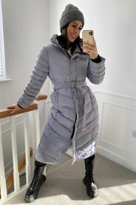 Long Puffer Down Coat With Belt Grey