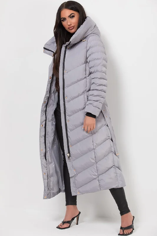 Long Puffer Down Coat With Belt Grey