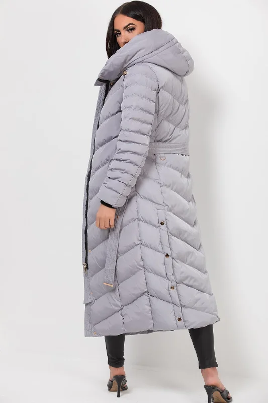 Long Puffer Down Coat With Belt Grey