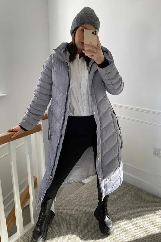 Long Puffer Down Coat With Belt Grey