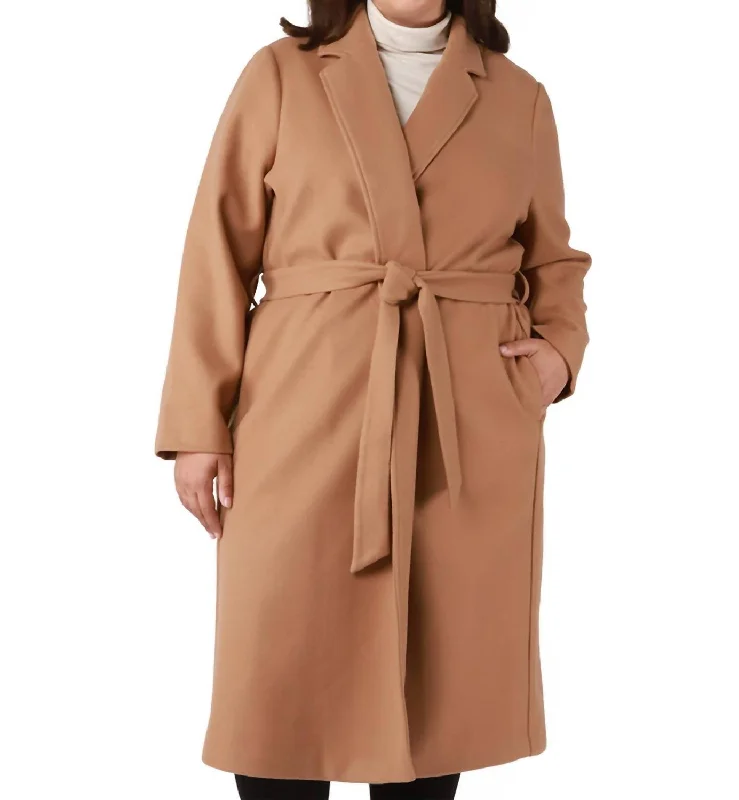 Longline Belted Coat In Camel