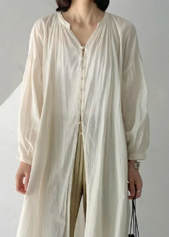 Loose Beige O-Neck Button Long UPF 50+ Coat Long Sleeve