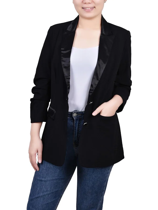 Petites Womens Satin Trim Trendy Two-Button Blazer