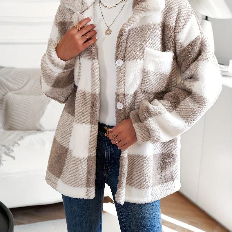 Plaid Pattern Teddy Coat, Casual Button Front Long Sleeve Outerwear, Women's Clothing