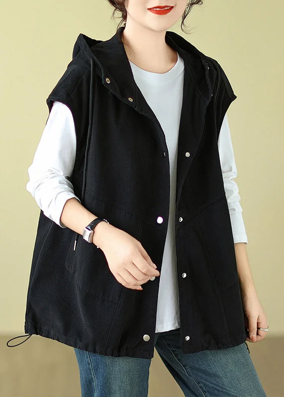 Plus Size Black Hooded Button Drawstring Cotton Waistcoat Sleeveless