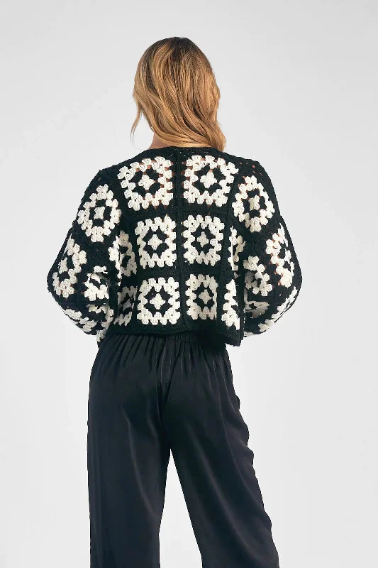 Floral Square Crochet Open Knit Cardigan