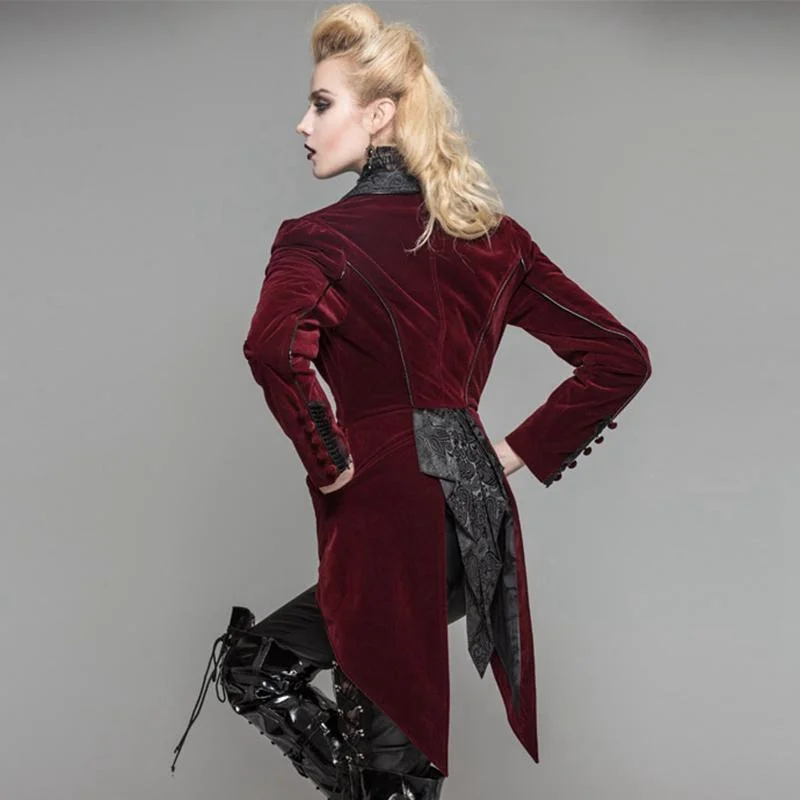 Women's Vintage Velvet Coat with Ruffled Neck