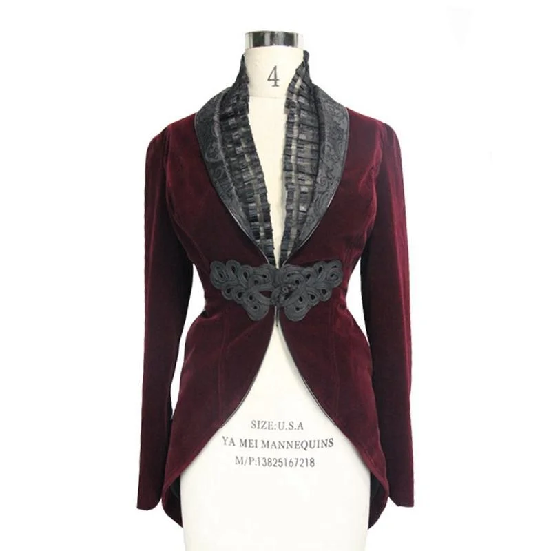 Women's Vintage Velvet Coat with Ruffled Neck