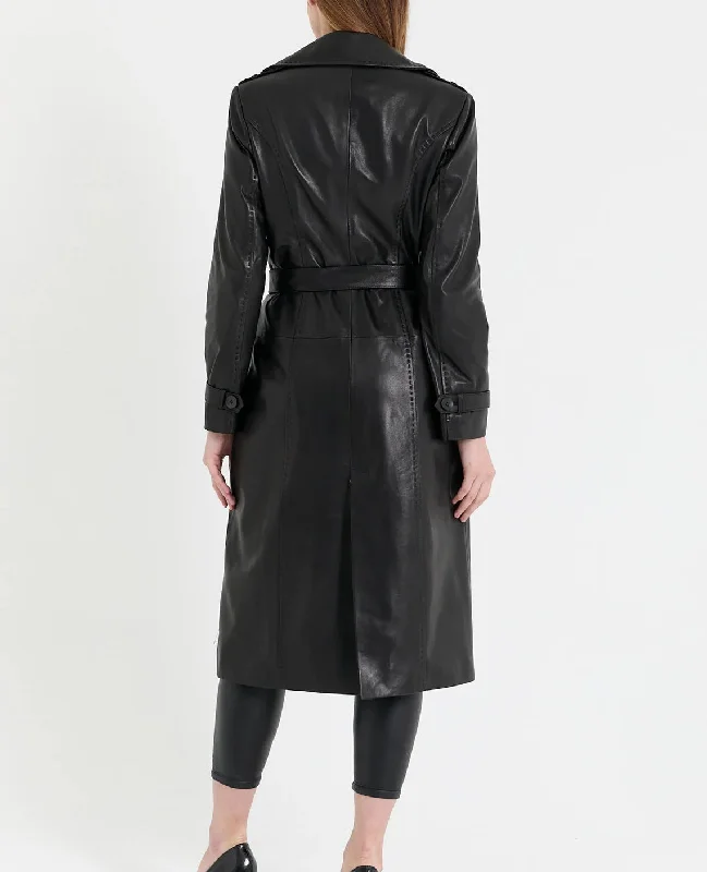 Women's Black Real Leather Trench Long Overcoat