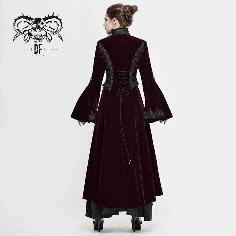 Women's Gothic Velet Large Lapel Flare Sleeve Long Coats Wine Red