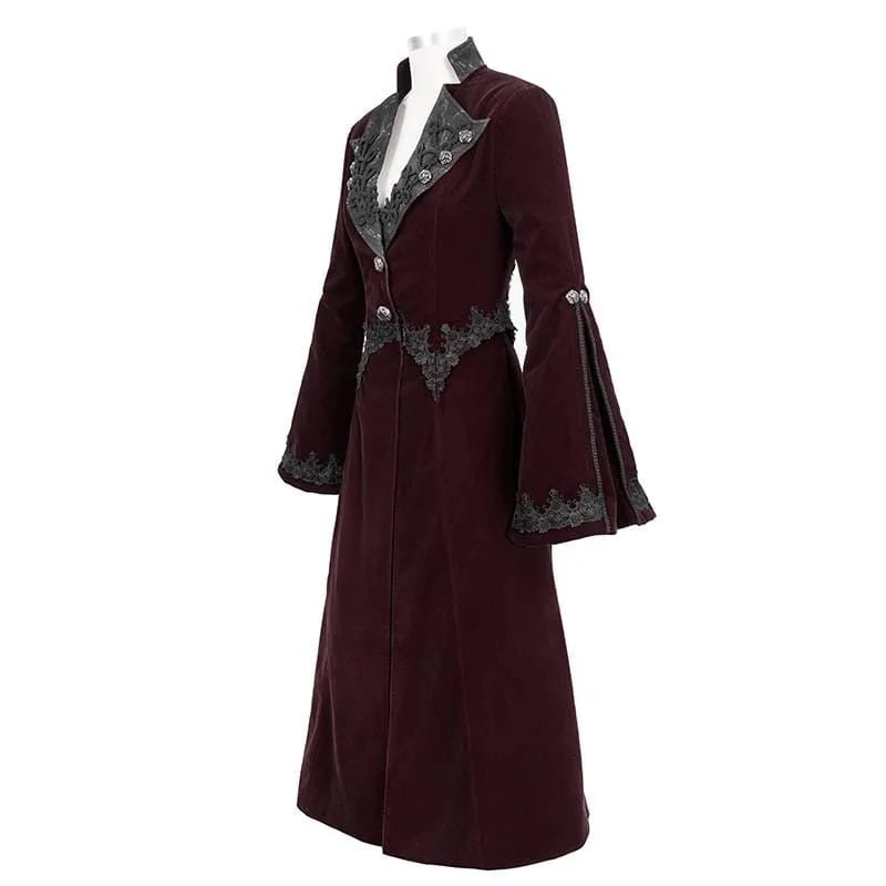 Women's Gothic Velet Large Lapel Flare Sleeve Long Coats Wine Red