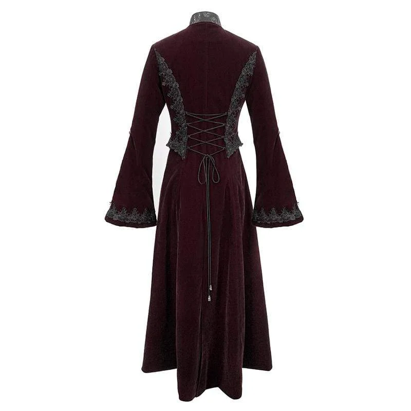 Women's Gothic Velet Large Lapel Flare Sleeve Long Coats Wine Red