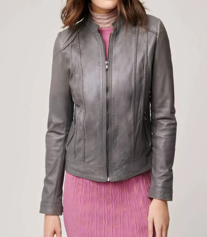 Womens Lambskin Moto Grey Leather Jacket