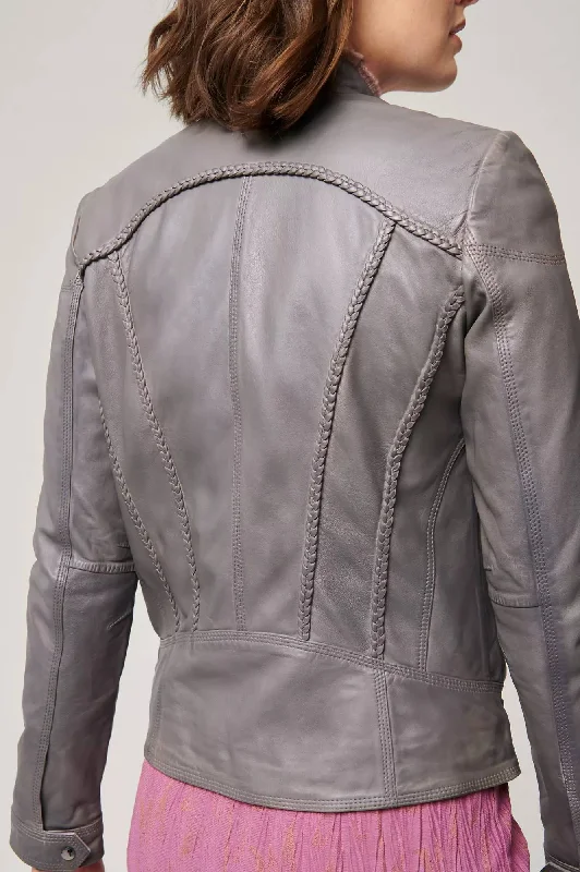 Womens Lambskin Moto Grey Leather Jacket