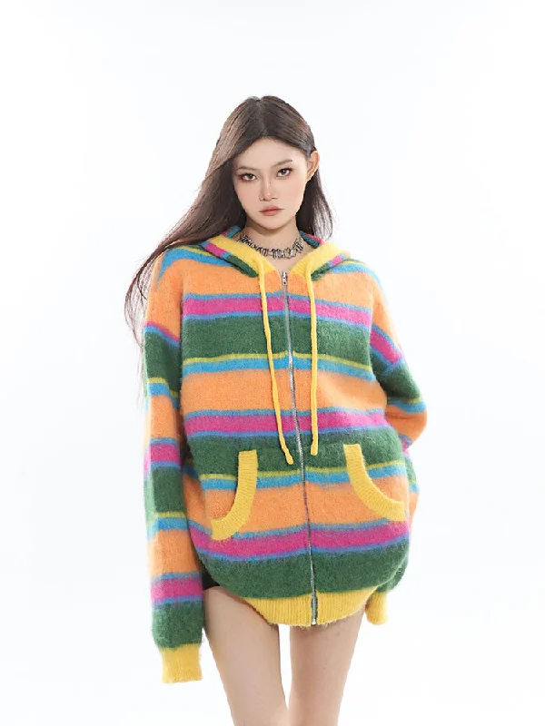 Joy Vintage Rainbow Strip Knitted Long Sleeve Zip Up Hooded Sweatshirt Sweater