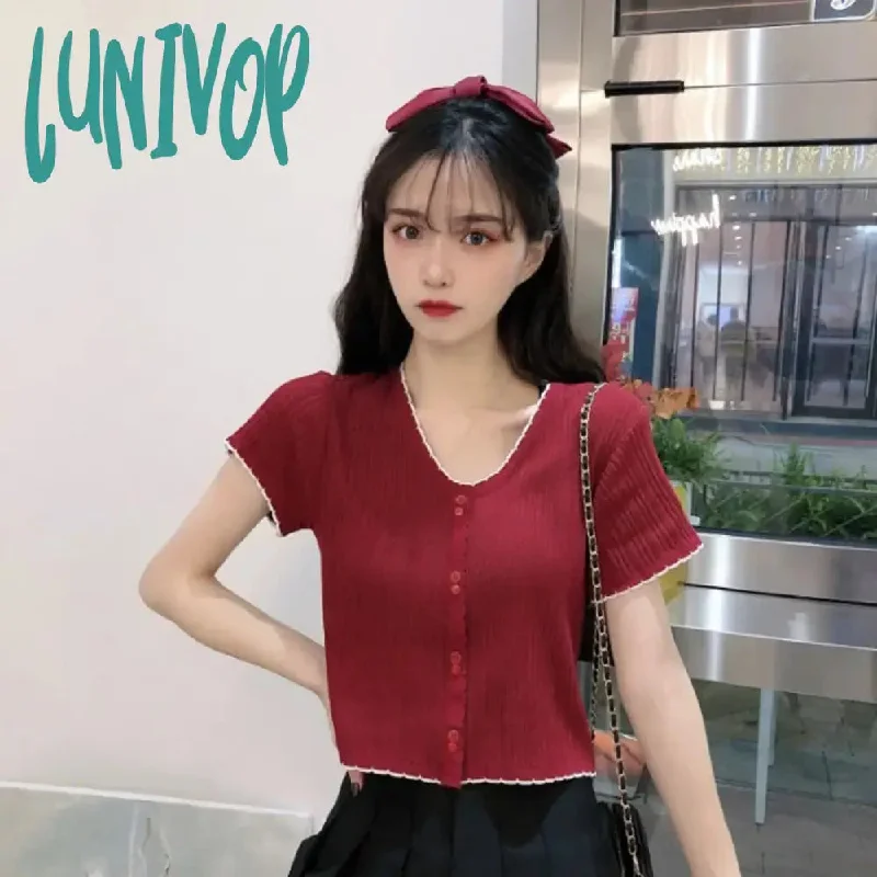 Lunivop Knitted Short Sleeve T-shirts Women Casual Button Patchwork Design Vintage Slim Crop Tops Summer V-neck Fashion Top