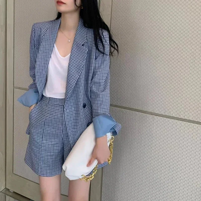 Lunivop Korean Fashion Two Pieces Blazer and Shorts Set for Women Long Sleeve Blue Plaid Jacket Office Lady Casual 2 Pieces Spring