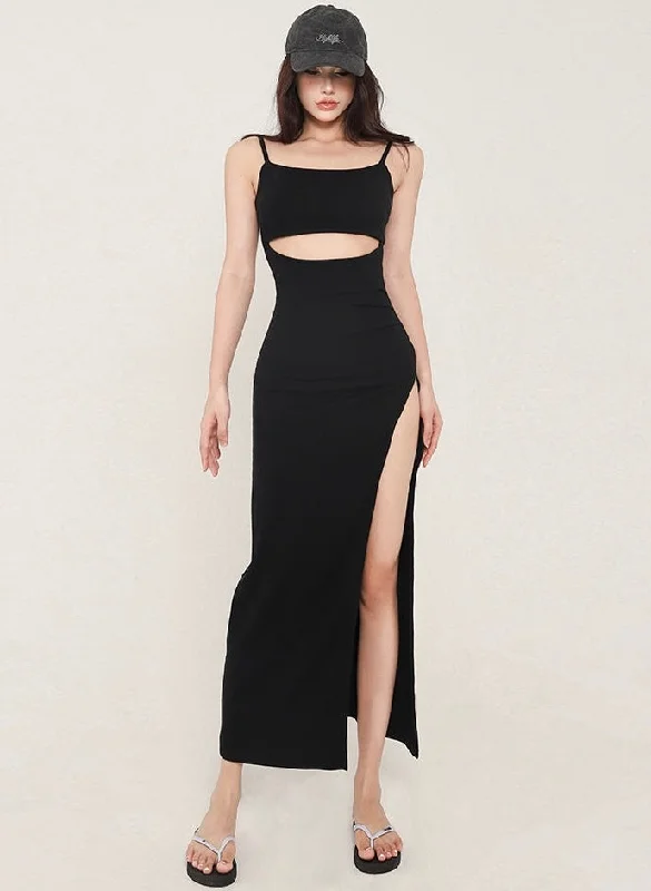 May Solid Color Black Slim Spaghetti Strap Bandeau Cut-Out Long Slim Side Slit Dress