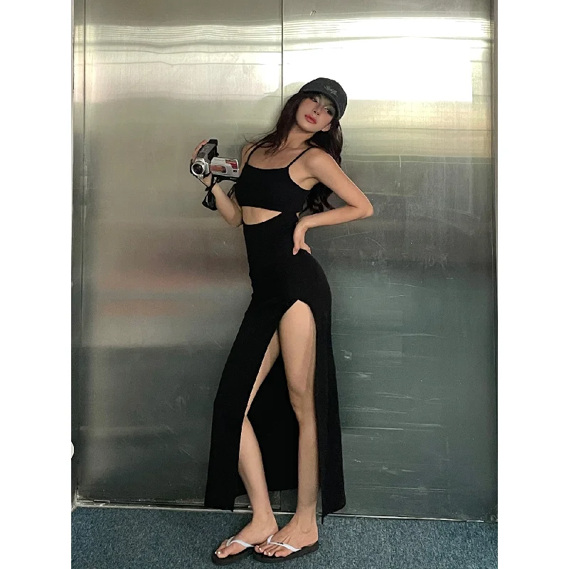 May Solid Color Black Slim Spaghetti Strap Bandeau Cut-Out Long Slim Side Slit Dress