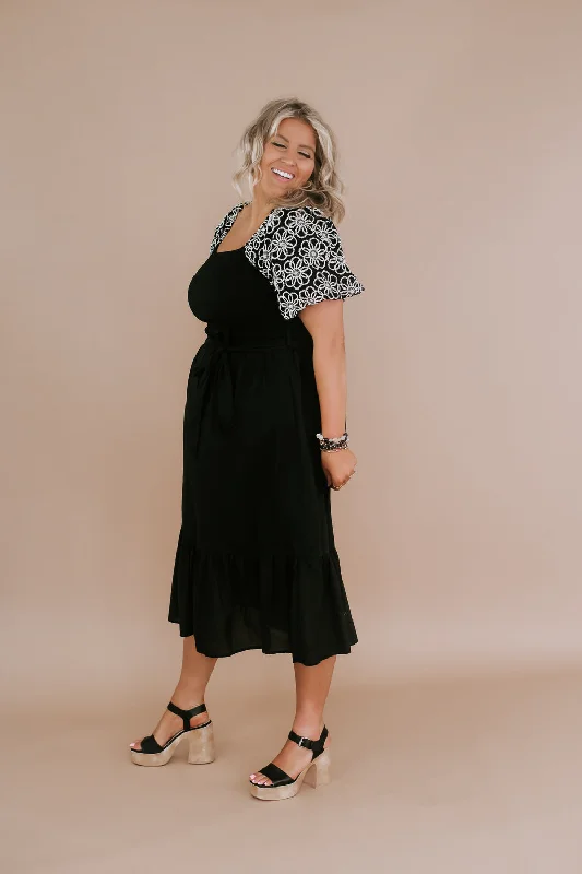 Embroidered Midi Dress, Black