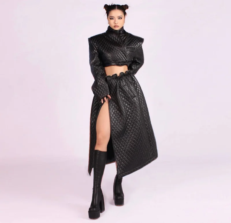 SYNEZ Solid Color Black Pu Leather Detachable Cropped Jacket Long Skirt Long Coat