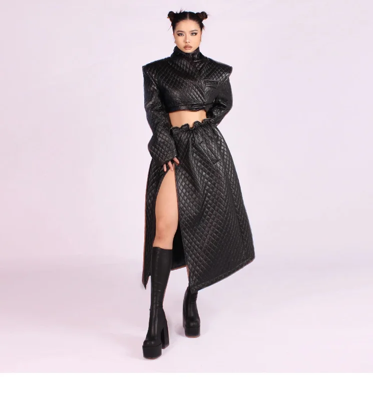 SYNEZ Solid Color Black Pu Leather Detachable Cropped Jacket Long Skirt Long Coat