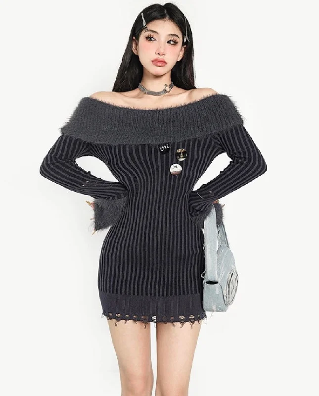 Ann Ribbed Off The Shoulder Long Sleeve Patchwork Slim Mini Dress