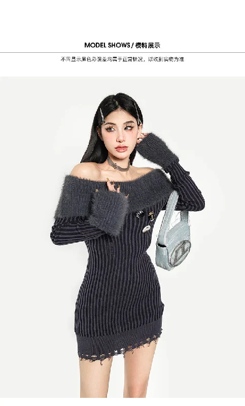 Ann Ribbed Off The Shoulder Long Sleeve Patchwork Slim Mini Dress