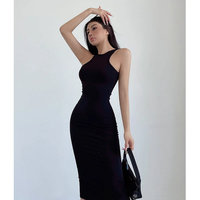 Kim Solid Color Halter Neck Sleeveless Slim Long Dress