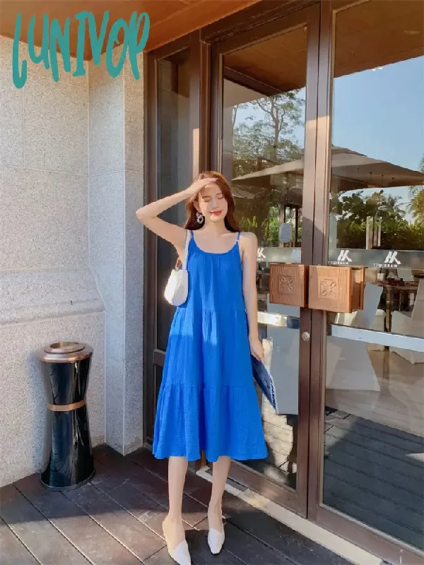 Lunivop Elegant Muslin Dress For Women Summer Sexy Spaghetti Strap Sleeveless Blue Casual Beach Holiday Party Dresses Vestidos Sundress