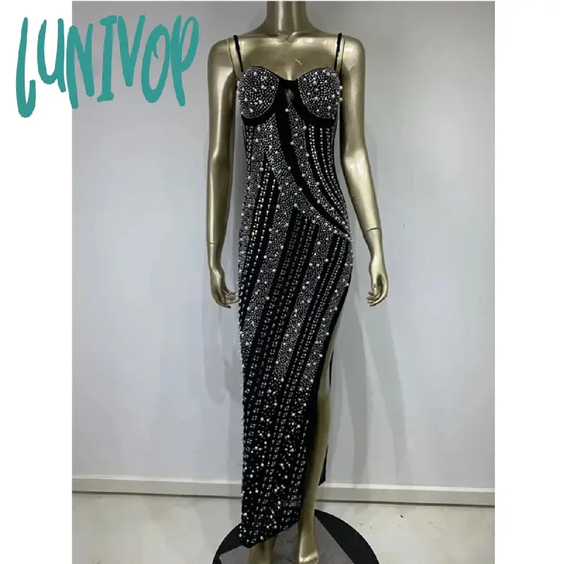 Lunivop Women Luxury Sexy Sleeveless Khaki Black Pearl Beading Maxi Long Gowns Dress Elegant Celebrity Evening Party Club Dress