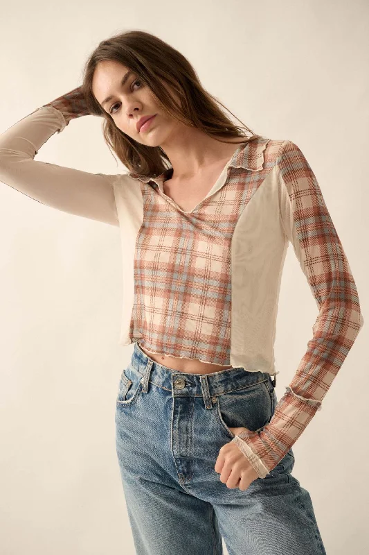 Plaid Habits Colorblock Mesh Thumbhole Top